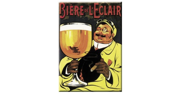Carte métal Bière de l’Éclair avec personnage et grand verre de bière, 15 × 21 cm