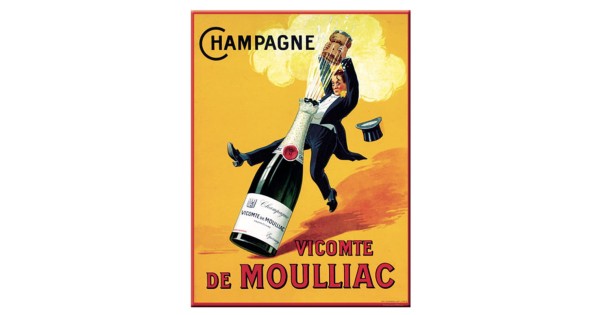Carte métal Champagne Vicomte de Moulliac 15 × 21 cm, personnage sur une bouteille