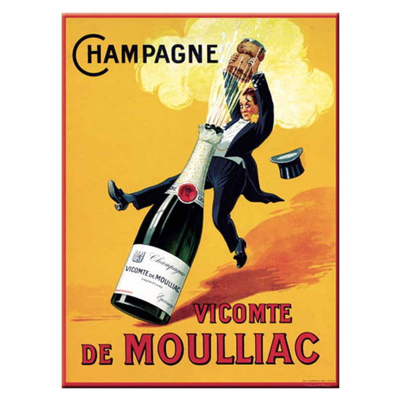Carte métal Champagne Vicomte de Moulliac 15 × 21 cm, personnage sur une bouteille