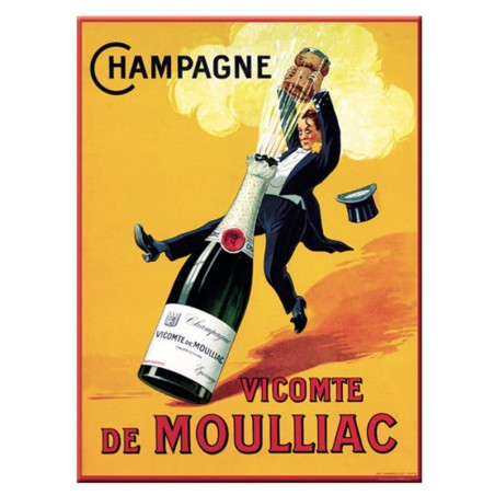 Carte métal Champagne Vicomte de Moulliac 15 × 21 cm, personnage sur une bouteille