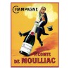 Carte métal Champagne Vicomte de Moulliac 15 × 21 cm, personnage sur une bouteille