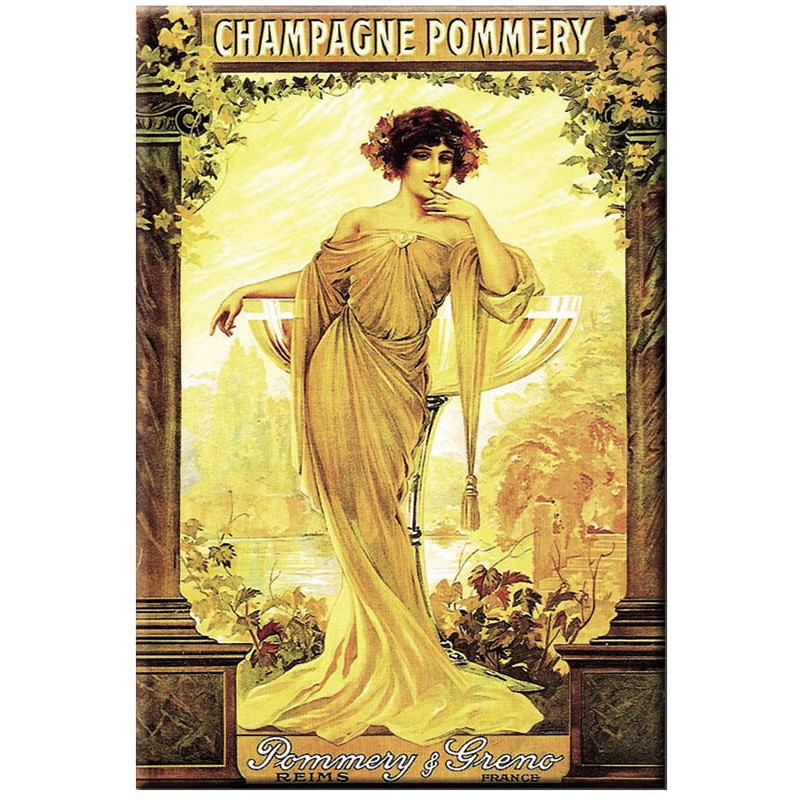 Plaque métal Champagne Pommery 30 × 40 cm avec femme en robe longue dorée