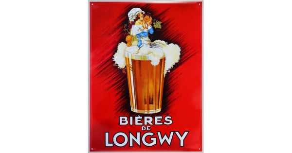 Plaque métal Bières de Longwy 30 × 40 cm, fond rouge et grand verre de bière