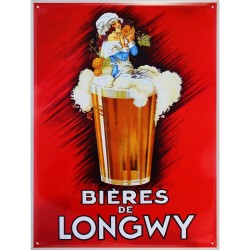 Plaque métal Bières de Longwy 30 × 40 cm, fond rouge et grand verre de bière