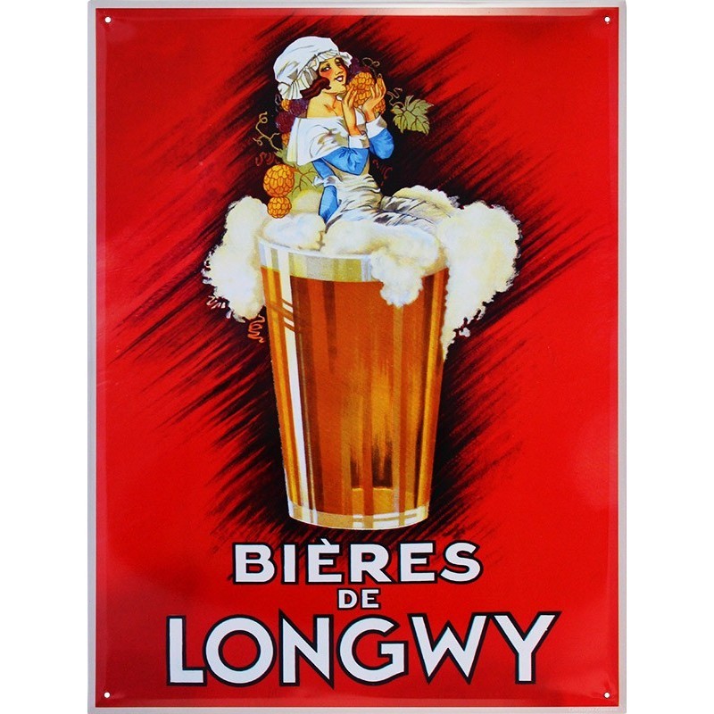 Plaque métal Bières de Longwy 30 × 40 cm, fond rouge et grand verre de bière