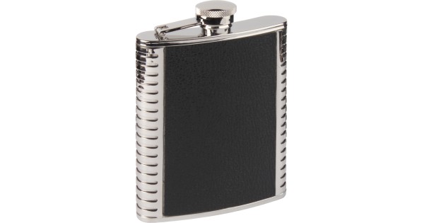 Flasque Haller 17 cl en inox avec habillage en cuir noir et bouchon attaché