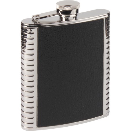 Flasque Haller 17 cl en inox avec habillage en cuir noir et bouchon attaché