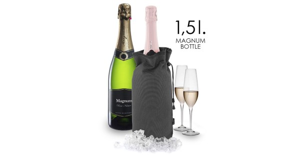 Sac rafraîchisseur Pulltex prévu pour un magnum de 1,5 litre, avec bouteilles et flûtes