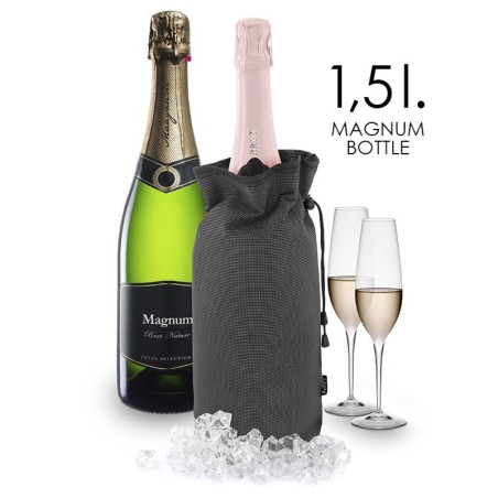 Sac rafraîchisseur Pulltex prévu pour un magnum de 1,5 litre, avec bouteilles et flûtes
