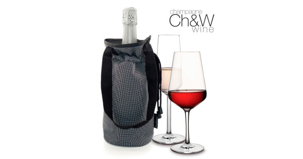 Sac rafraîchisseur To Go Pulltex une bouteille avec poignées, présenté avec du vin