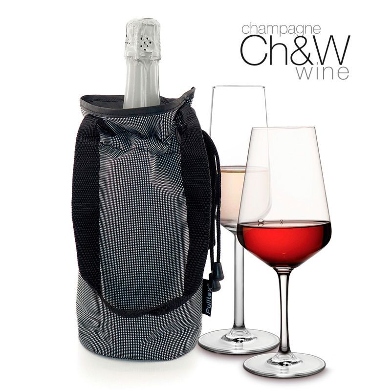Sac rafraîchisseur To Go Pulltex une bouteille avec poignées, présenté avec du vin