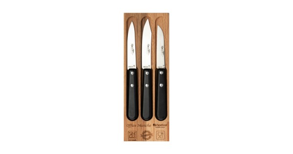 Trois couteaux d’office Roger Orfèvres à manches Paperstone noir sur support en bois