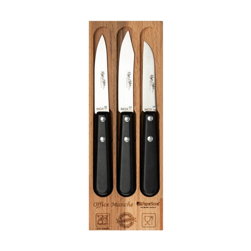 Trois couteaux d’office Roger Orfèvres à manches Paperstone noir sur support en bois