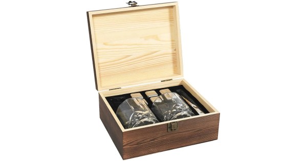 Coffret whisky Gentleman ouvert avec ses verres et accessoires rangés
