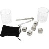 Contenu du coffret whisky Gentleman : deux verres, cubes inox, pince et pochette noire