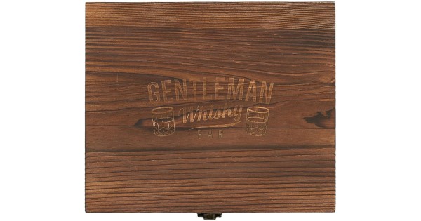 Couvercle en bois du coffret avec inscription Gentleman Whisky