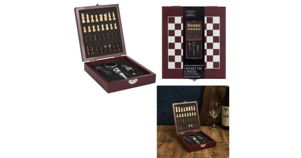Coffret vin et échiquier Comptoir du Caviste présenté ouvert, fermé et avec son emballage