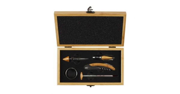 Coffret Meilleur Papa ouvert avec les cinq accessoires à vin rangés