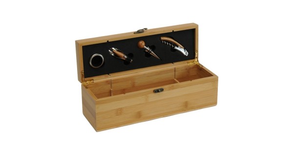 Coffret sommelier Pradel Excellence ouvert avec emplacement pour bouteille et quatre accessoires