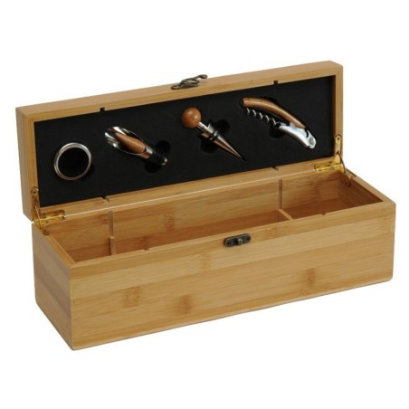 Coffret sommelier Pradel Excellence ouvert avec emplacement pour bouteille et quatre accessoires