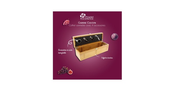 Visuel Pradel Excellence du coffret bambou pour une bouteille et quatre accessoires
