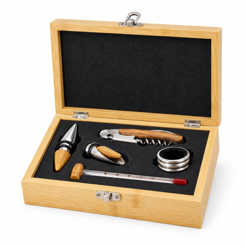 Coffret sommelier Pradel Excellence ouvert, cinq accessoires rangés dans la boîte