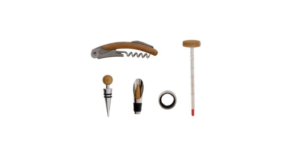Accessoires du bloc sommelier Pradel : tire-bouchon, thermomètre, bouchon, verseur et collier