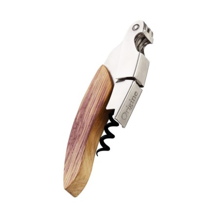 Tire-bouchon sommelier Origine Ligne W avec manche en chêne ciré lie de vin