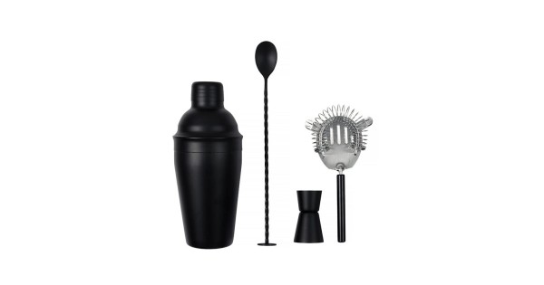 Shaker noir, doseur, cuillère et passoire du coffret cocktail Comptoir du Caviste