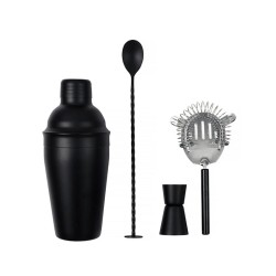 Shaker noir, doseur, cuillère et passoire du coffret cocktail Comptoir du Caviste