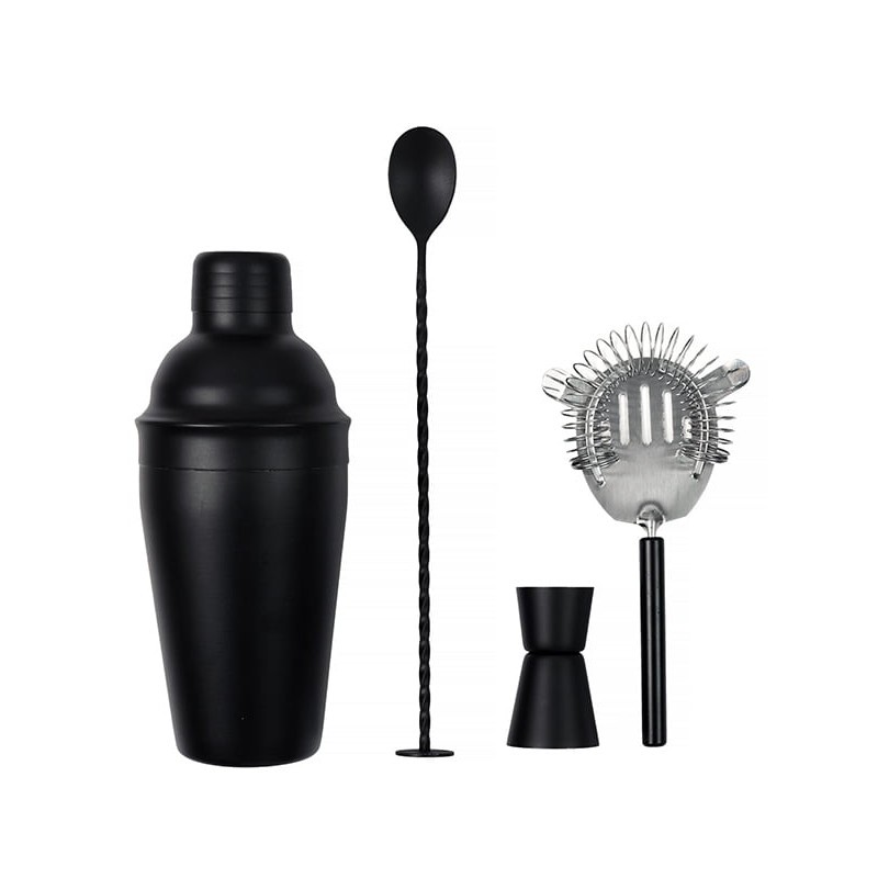 Shaker noir, doseur, cuillère et passoire du coffret cocktail Comptoir du Caviste
