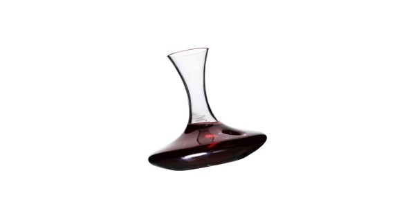 Carafe Merlino Deru inclinée avec vin rouge, vue du col et de la base évasée