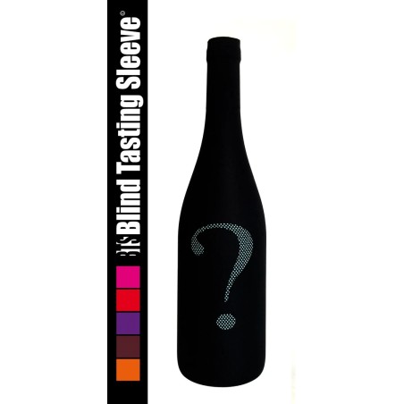Chaussette noire Blind Tasting Sleeve sur une bouteille avec point d’interrogation turquoise