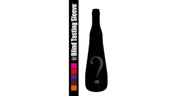 Chaussette noire Blind Tasting Sleeve sur une bouteille avec point d’interrogation vert acide
