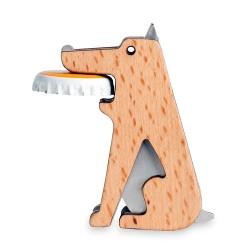 Décapsuleur chien Fetch Kikkerland en hêtre et inox tenant une capsule