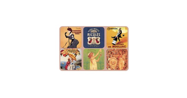 Lot de six sous-verres Champagne aux illustrations publicitaires anciennes et colorées