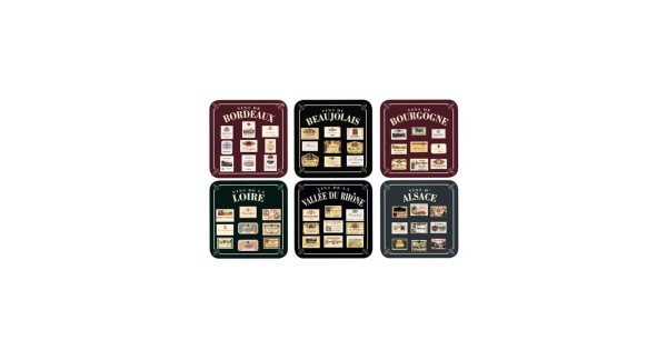 Six sous-verres avec étiquettes de vins de Bordeaux, Beaujolais, Bourgogne, Loire, Rhône et Alsace
