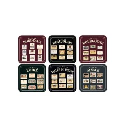 Six sous-verres avec étiquettes de vins de Bordeaux, Beaujolais, Bourgogne, Loire, Rhône et Alsace