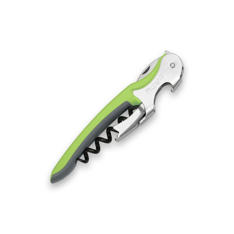 Tire-bouchon sommelier Murano vert clair et gris, avec double levier replié et mèche noire