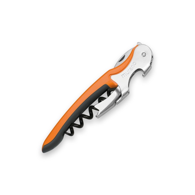 Tire-bouchon sommelier Murano orange et gris, avec double levier replié et mèche noire