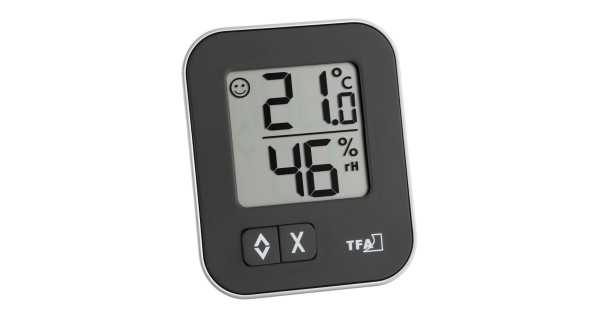 Thermo-hygromètre MOXX TFA 30.5026.01 noir à contour argenté, vu de face