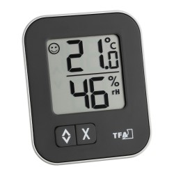 Thermo-hygromètre MOXX TFA 30.5026.01 noir à contour argenté, vu de face