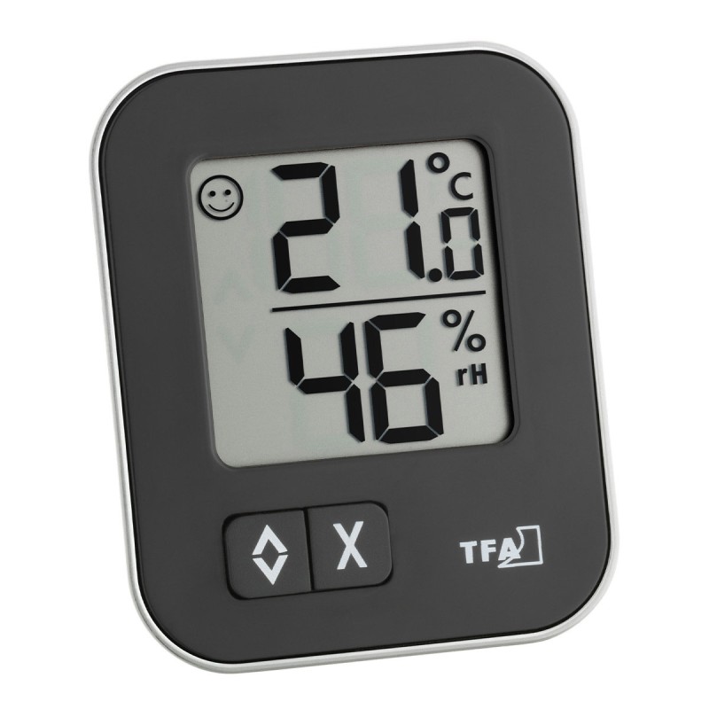 Thermo-hygromètre MOXX TFA 30.5026.01 noir à contour argenté, vu de face