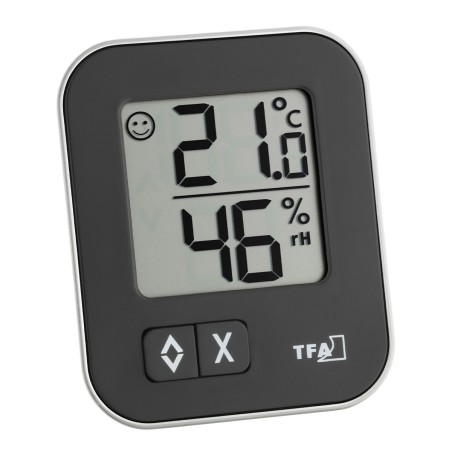 Thermo-hygromètre MOXX TFA 30.5026.01 noir à contour argenté, vu de face