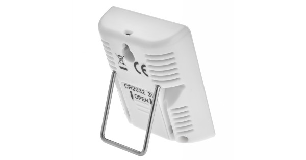 Dos du thermo-hygromètre TFA blanc avec support déployé et logement de pile CR2032