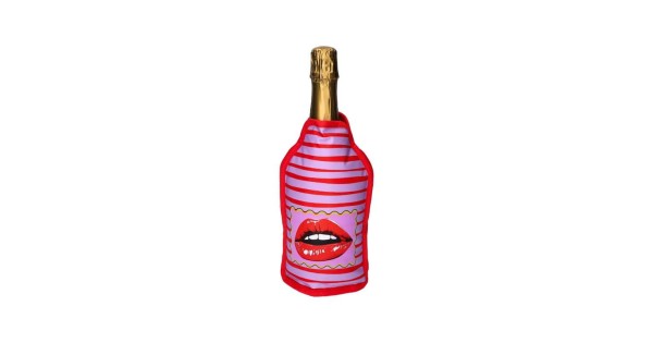 Gaine rafraîchissante Bouche Gift Company à lèvres rouges sur fond rayé violet et rouge, sur une bouteille