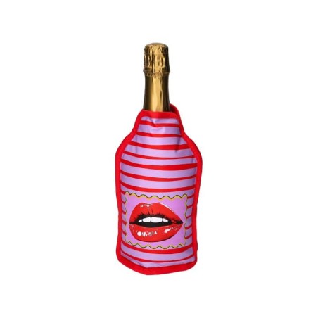 Gaine rafraîchissante Bouche Gift Company à lèvres rouges sur fond rayé violet et rouge, sur une bouteille