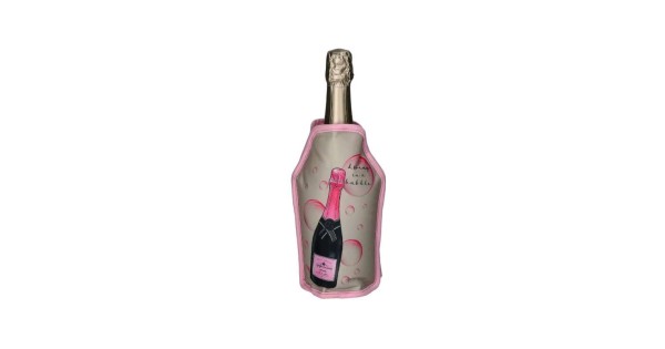 Gaine rafraîchissante Gift Company grise à motif bouteille de champagne rose, placée sur une bouteille