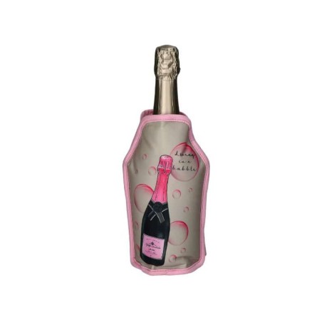 Gaine rafraîchissante Gift Company grise à motif bouteille de champagne rose, placée sur une bouteille