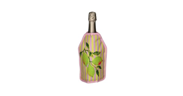 Gaine rafraîchissante Citron Gift Company à citrons jaunes, feuilles vertes et rayures roses, sur une bouteille